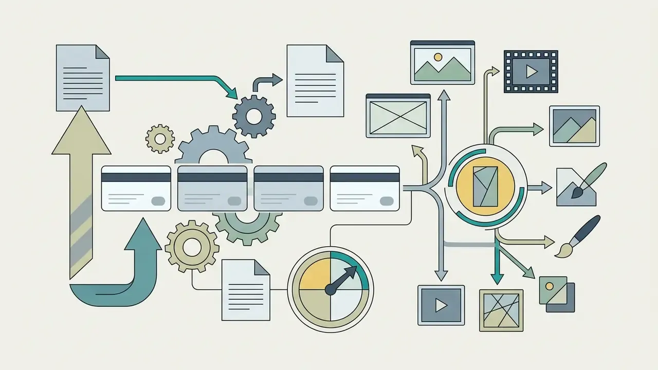 Document icons and credit cards feeding into a central processing hub that outputs various media assets
