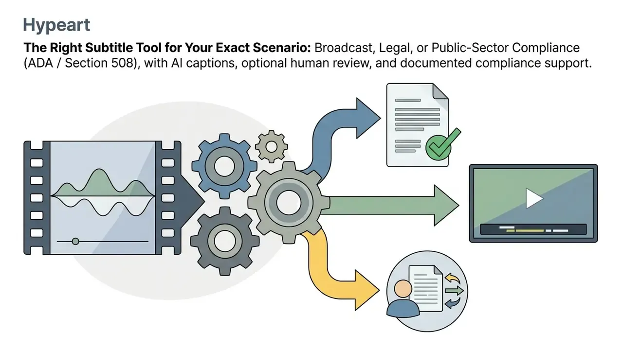 Gear system processing video audio into compliance documents, human review, and final media output