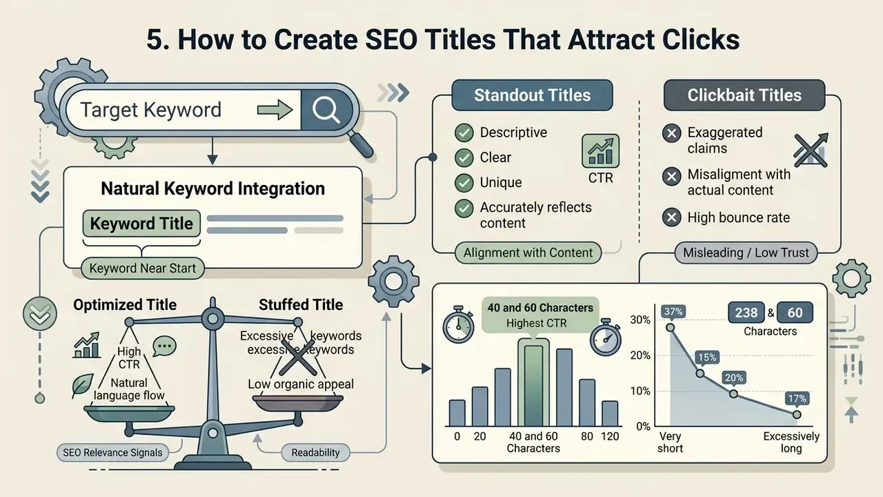 Comparison diagram showing balanced SEO titles versus clickbait and keyword stuffing strategies