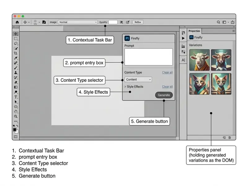 Annotated Photoshop workspace showing the AI generative task bar, prompt box, and properties panel