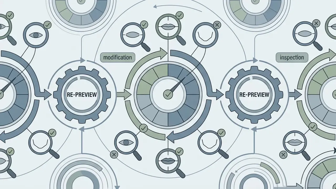 Circular workflow showing iterative cycles of modification and inspection for facial feature refinement