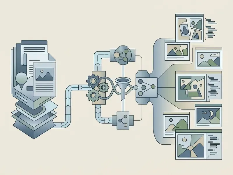 Diagram showing a long document being processed through gears and filters into multiple short video clips