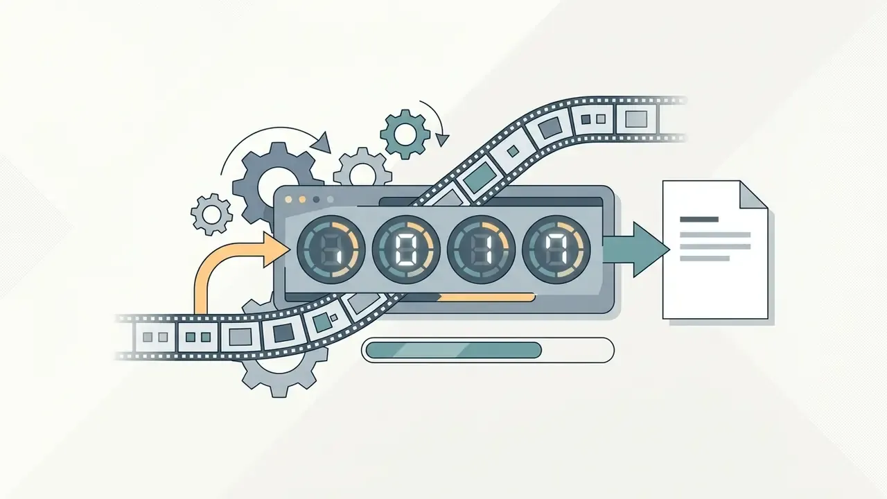 Film strip passing through a digital counter and gears to generate a final document file