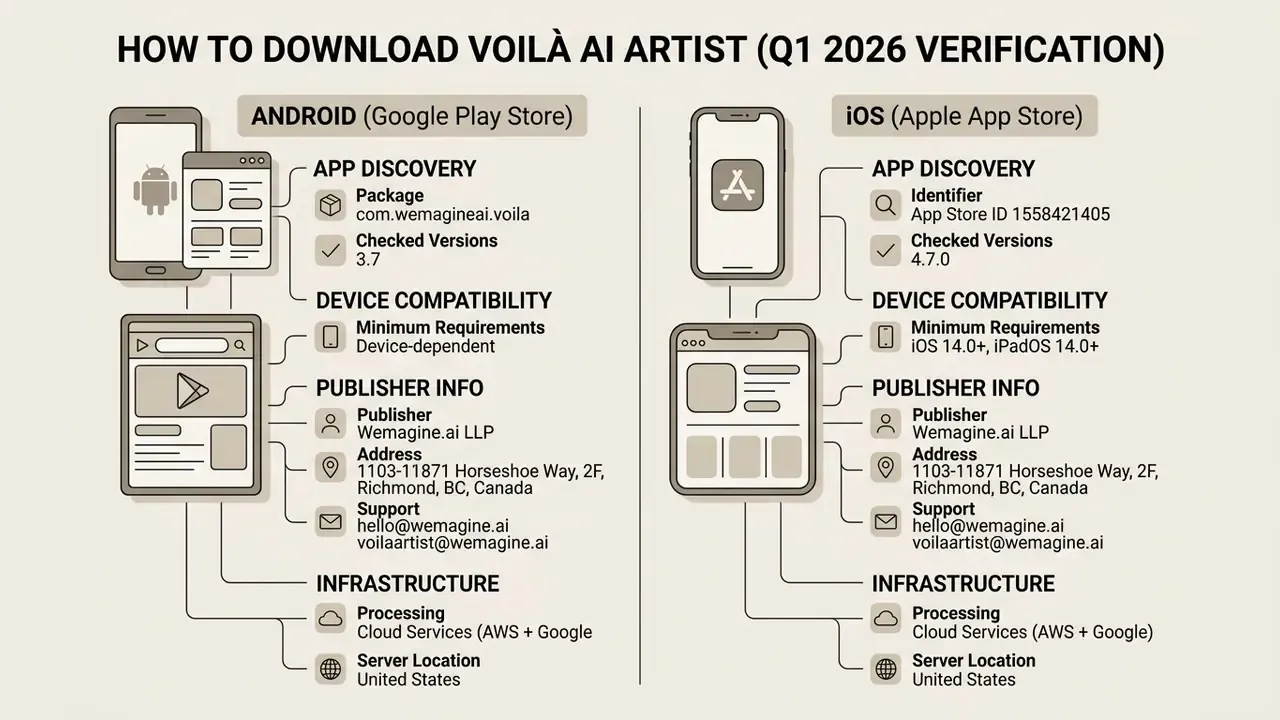 Technical breakdown of app store details, publisher information, and cloud infrastructure for mobile devices