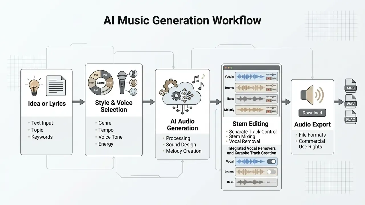 Flowchart detailing the steps from initial text input to final audio export in an ai music generator app