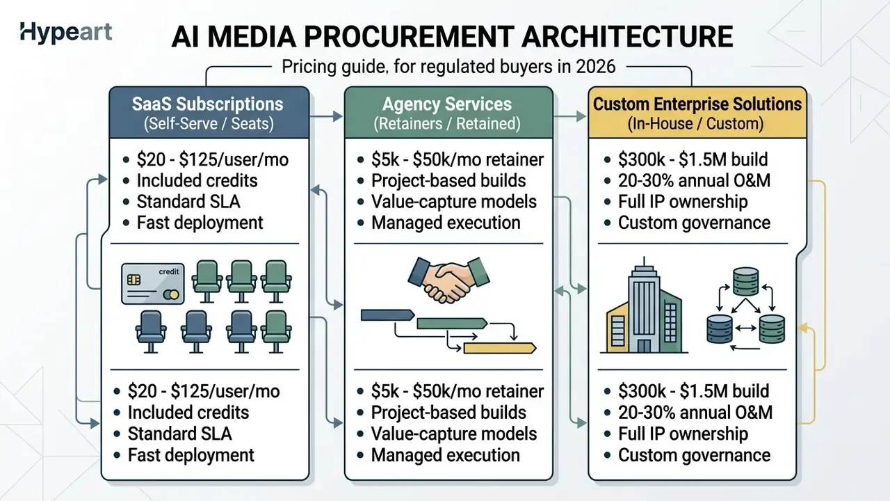 Diagram comparing cost structures for SaaS subscriptions, agency services, and custom enterprise solutions