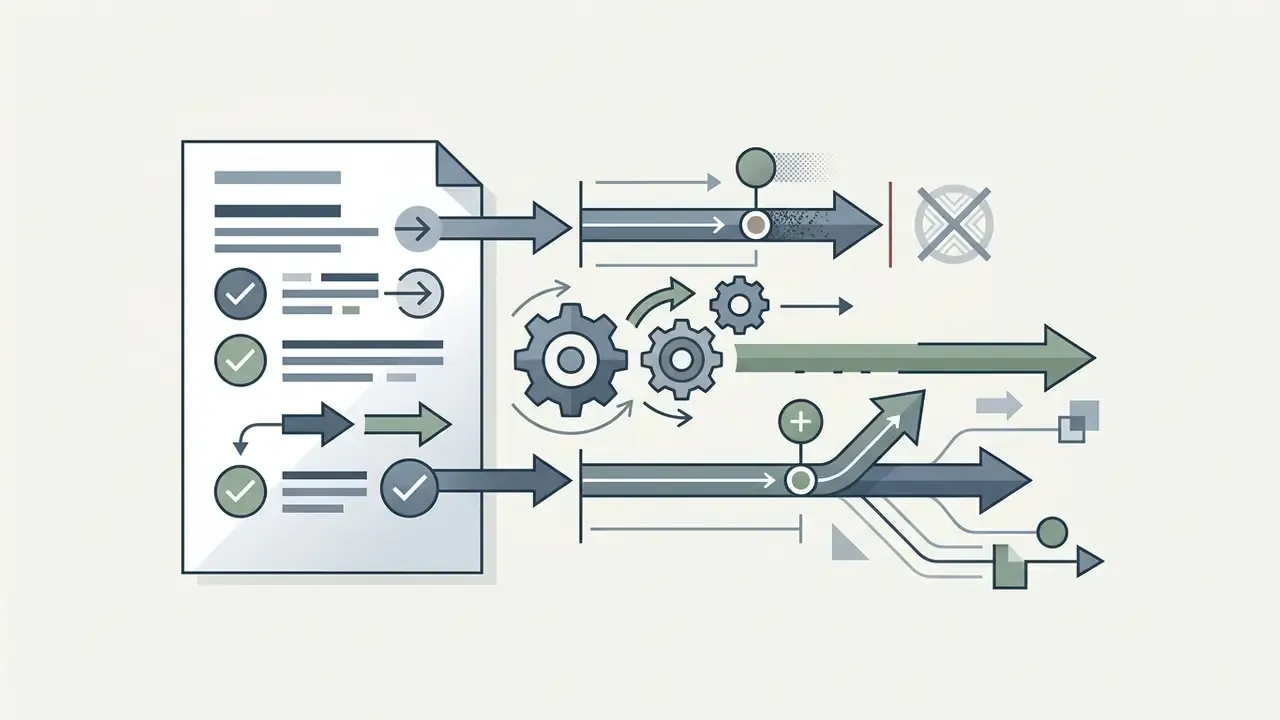 Verified checklist items feeding into mechanical gears and diverging arrows representing data refinement