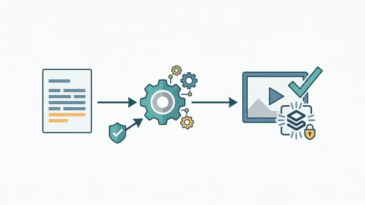 Document and shield icons feeding into a gear processor to create a verified video file with metadata