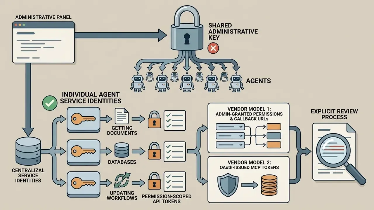 Flowchart contrasting shared administrative keys with individual service identities and scoped API tokens