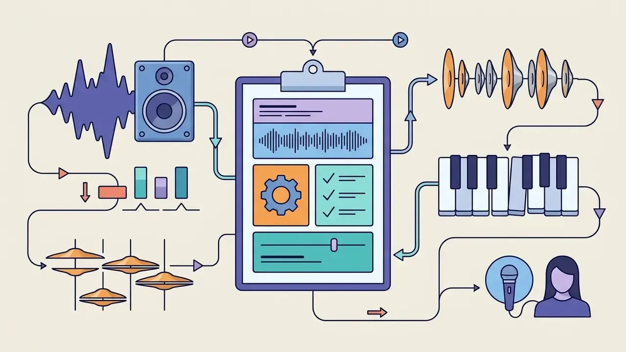 Clipboard with settings connected to speaker, piano, cymbals, and a vocalist icon