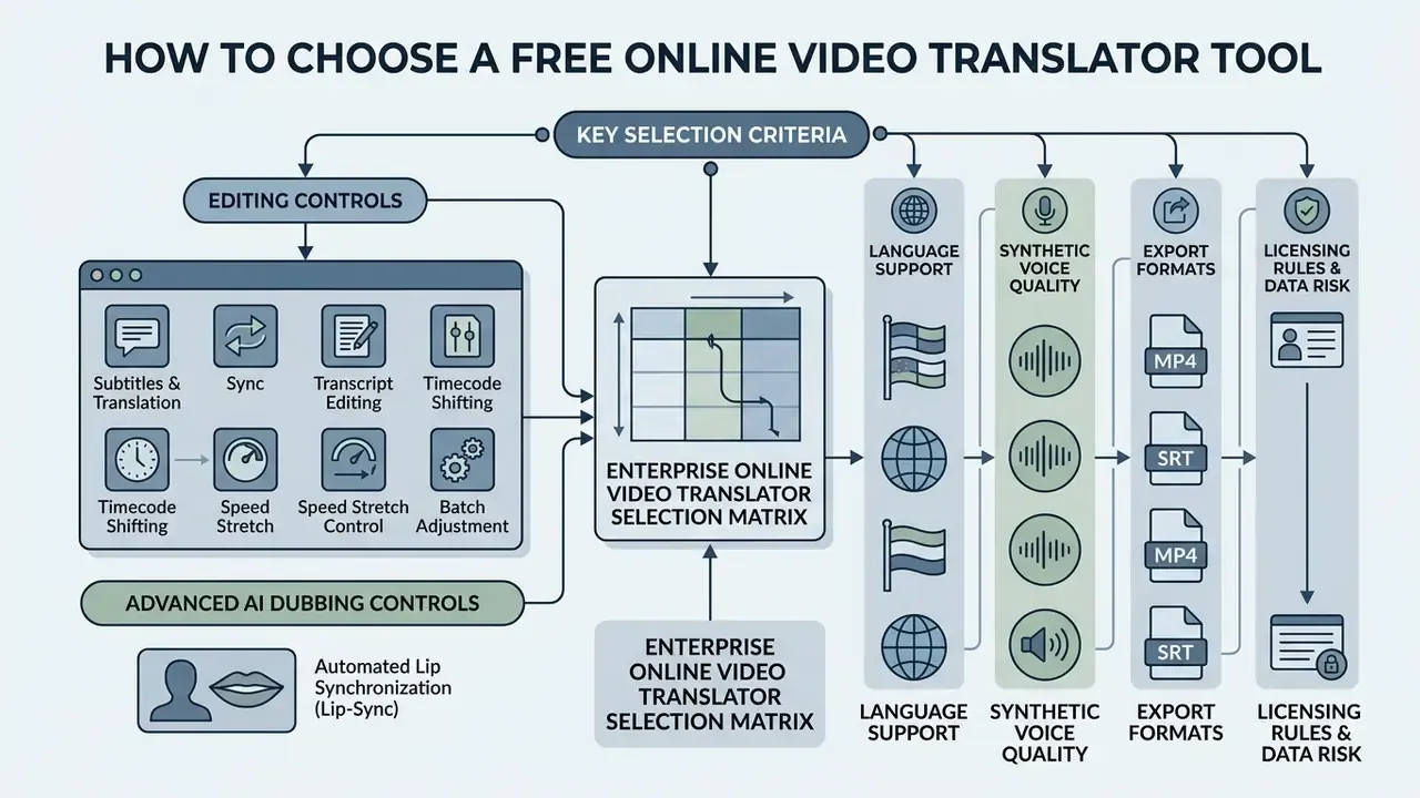 Decision matrix connecting editing controls and key criteria for selecting language software