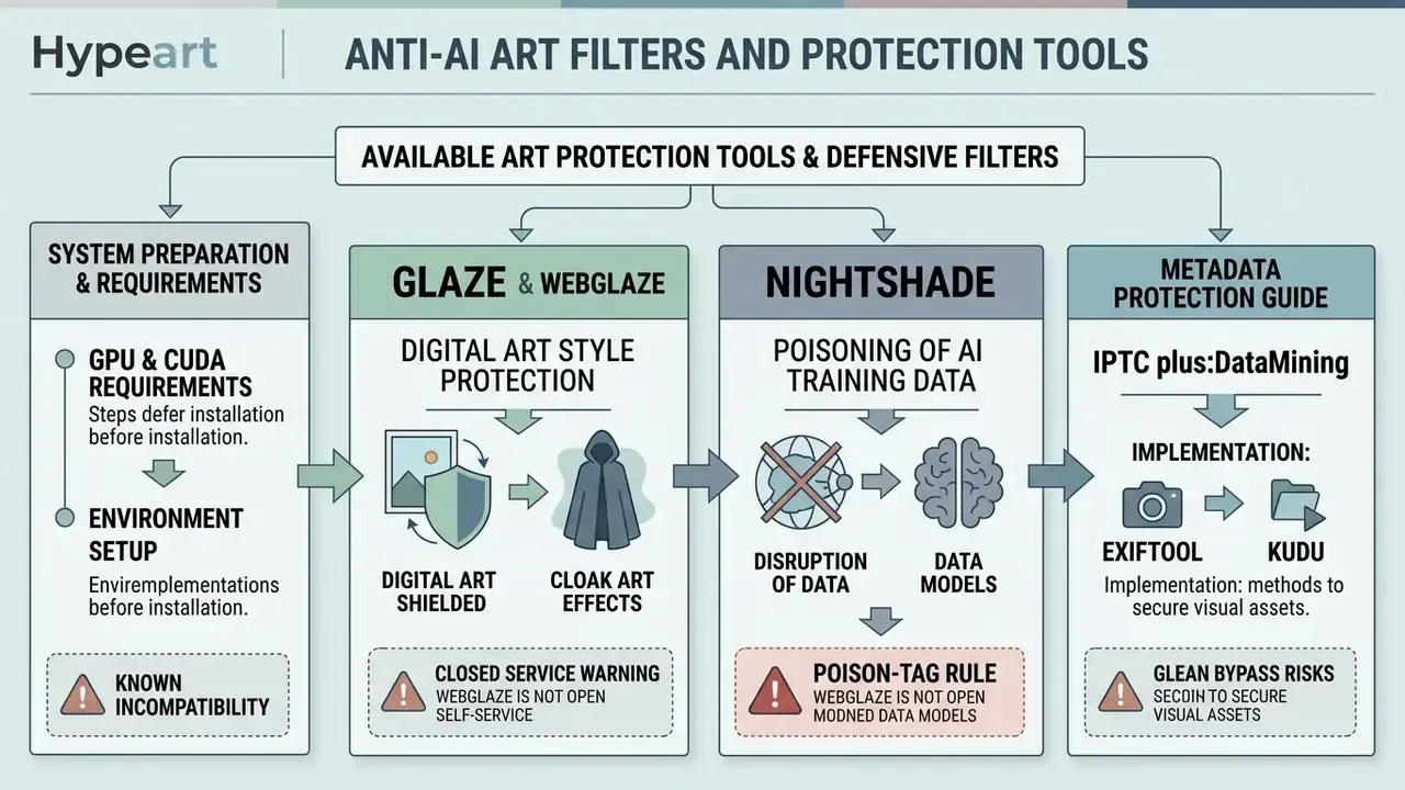 Diagram detailing system requirements and specific tools like Glaze and Nightshade for art protection