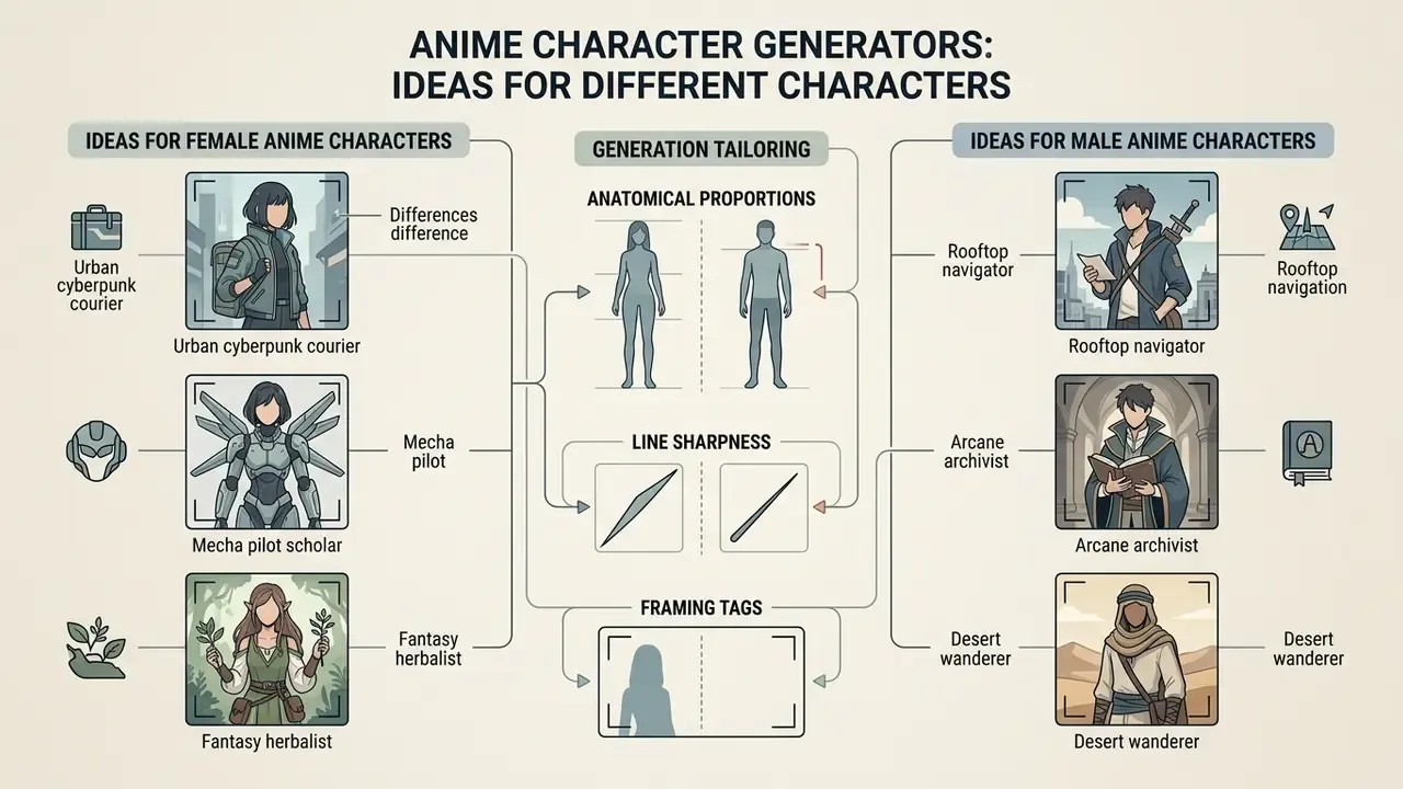 Comparison diagram showing character archetypes and technical styling parameters for male and female figures