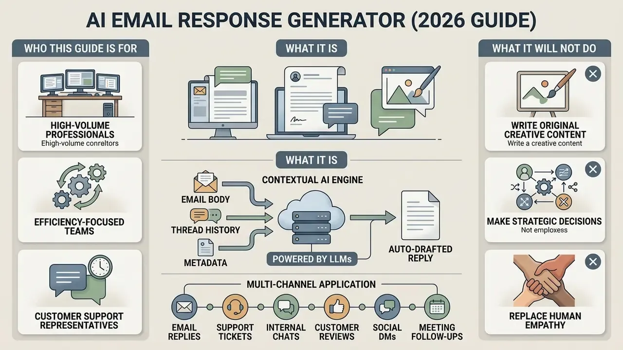 Infographic explaining how an AI email response generator processes data to draft messages for various channels