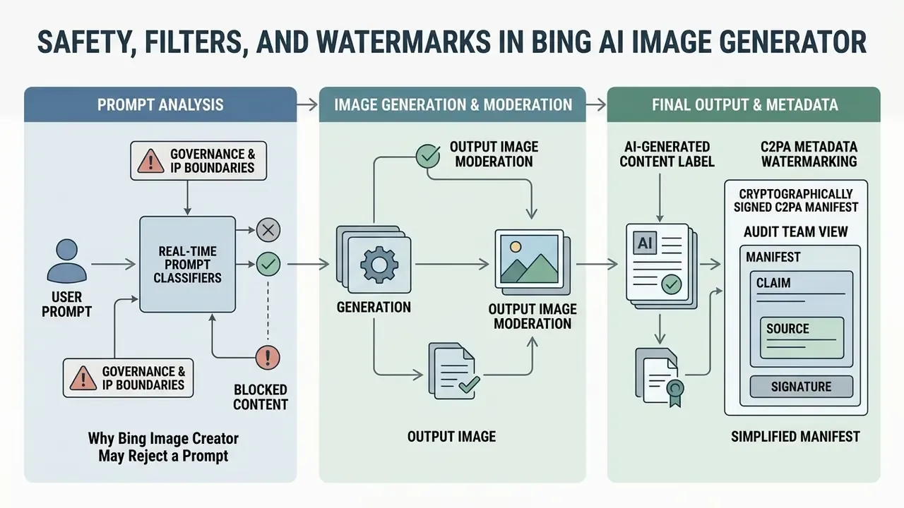 Process flow showing prompt analysis, image moderation, and metadata watermarking for Bing Image Creator