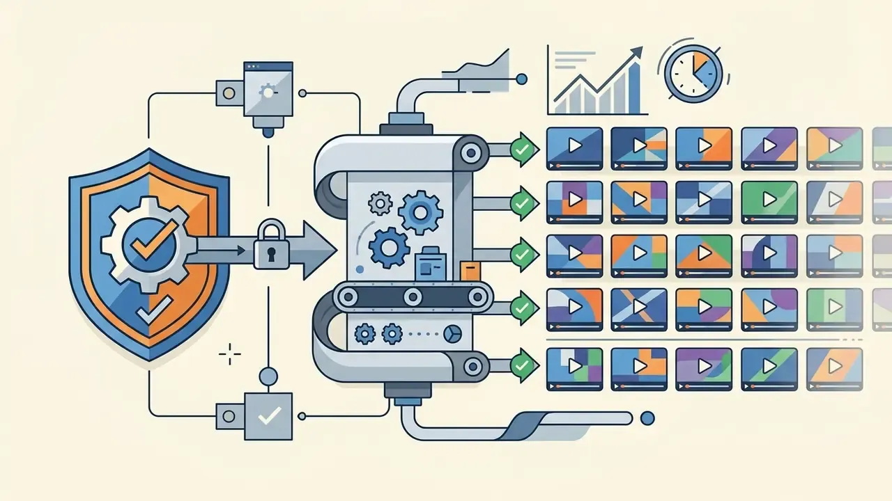 Shield icon feeding a gear-driven conveyor belt that outputs a grid of multiple video thumbnails