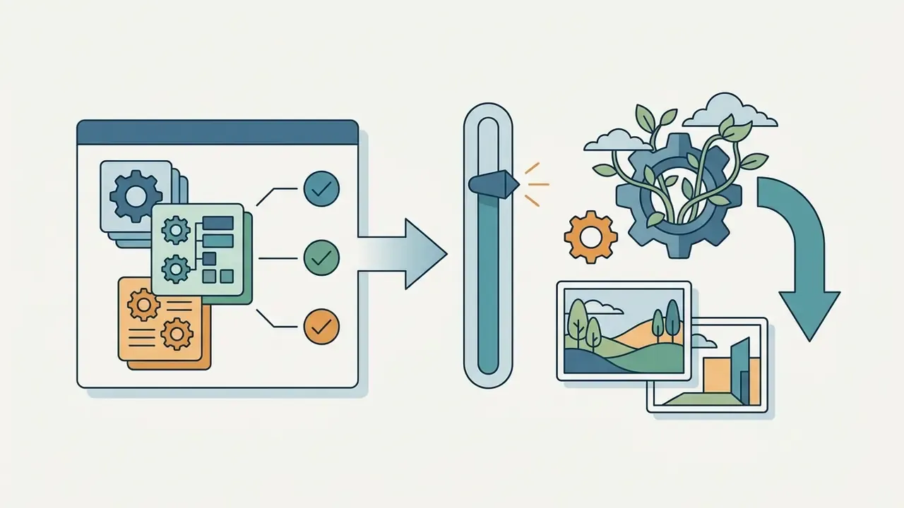 Process flow showing document analysis and a slider adjusting the transformation of images into landscapes
