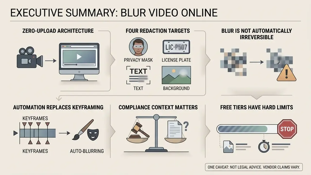 Infographic showing key considerations for video redaction including privacy masks, automation, and limits