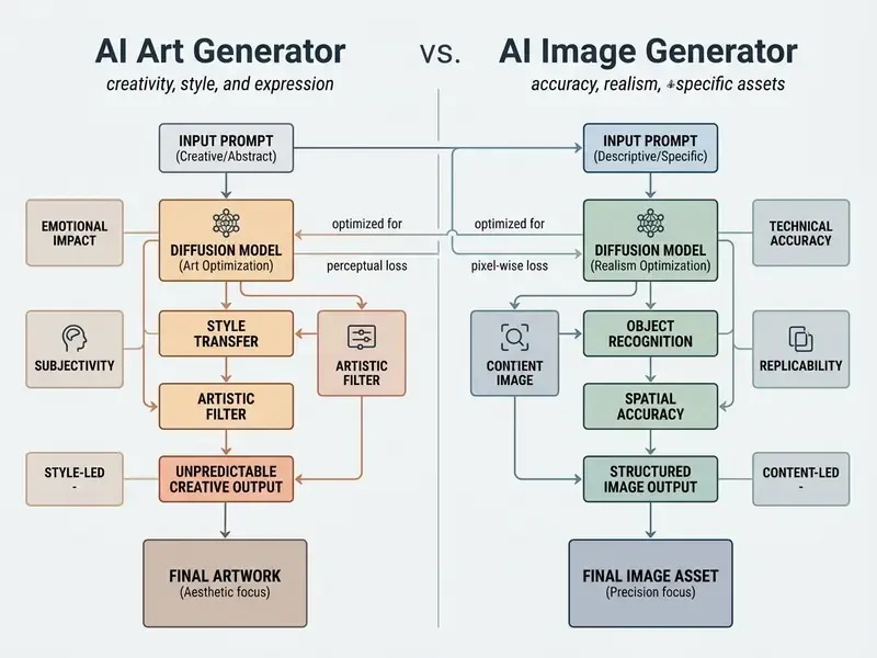 Comparison flowchart detailing the distinct workflows and optimization goals for creative versus technical models