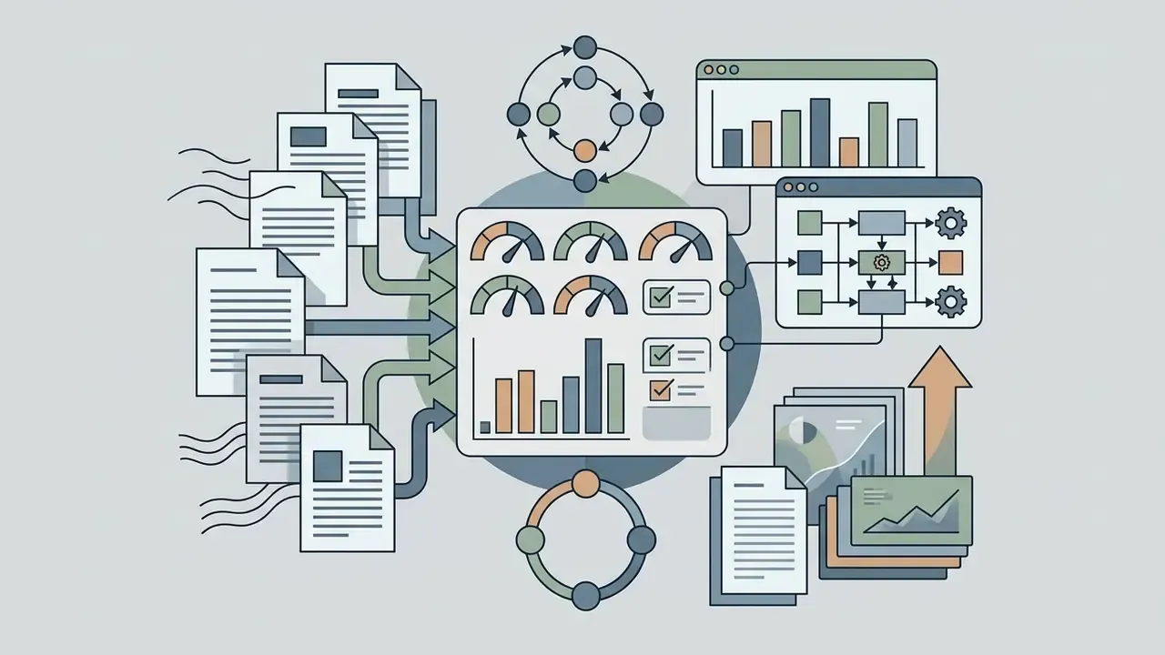 Documents flowing into a central dashboard with gauges and charts linked to process and data analysis panels