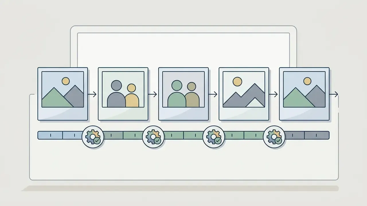 Series of five sequential photos arranged above a timeline marked with gear icons for transition timing