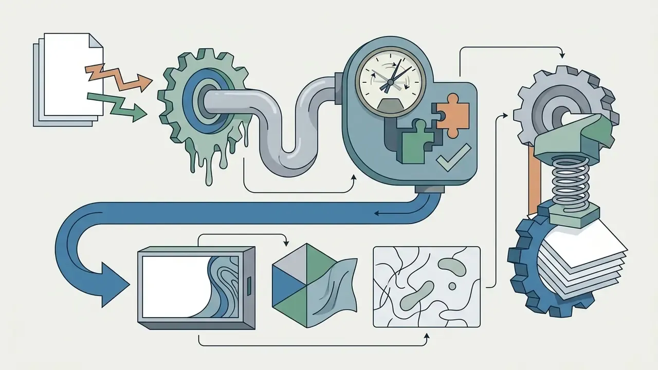 Documents feeding through a melting gear and gauge into a series of abstract shapes and a paper press
