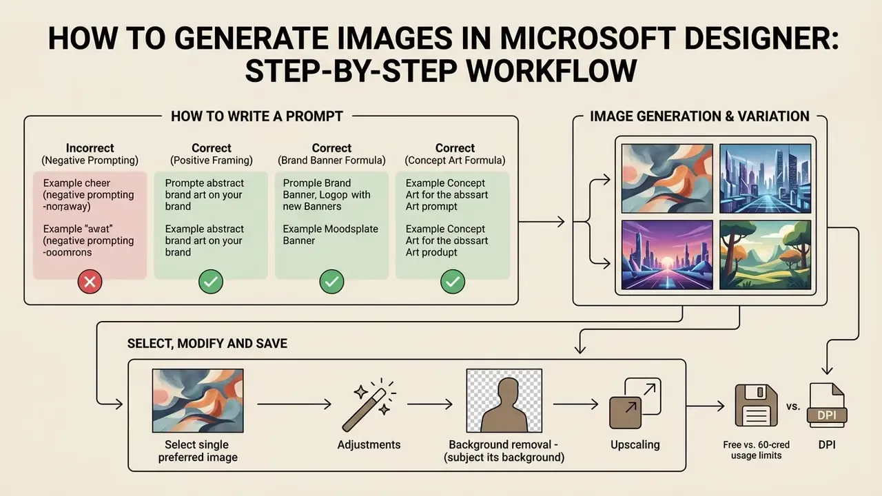 Infographic detailing prompt writing, image generation, and editing steps in Microsoft Designer