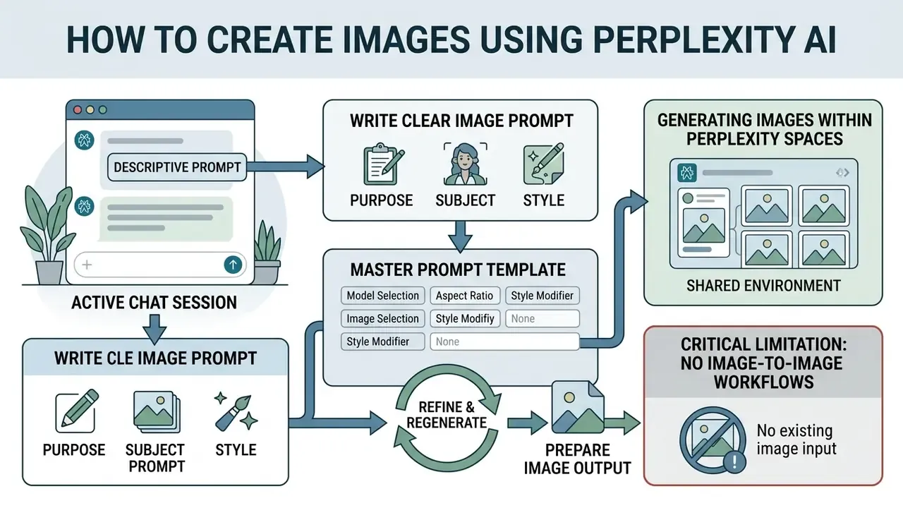 Infographic outlining steps for generating images in Perplexity AI through chat prompts and templates