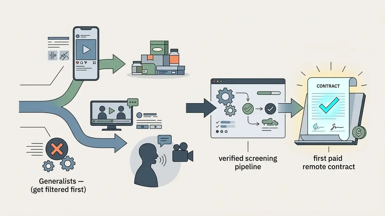 Specialized video editing paths leading through a screening pipeline to a first paid remote contract