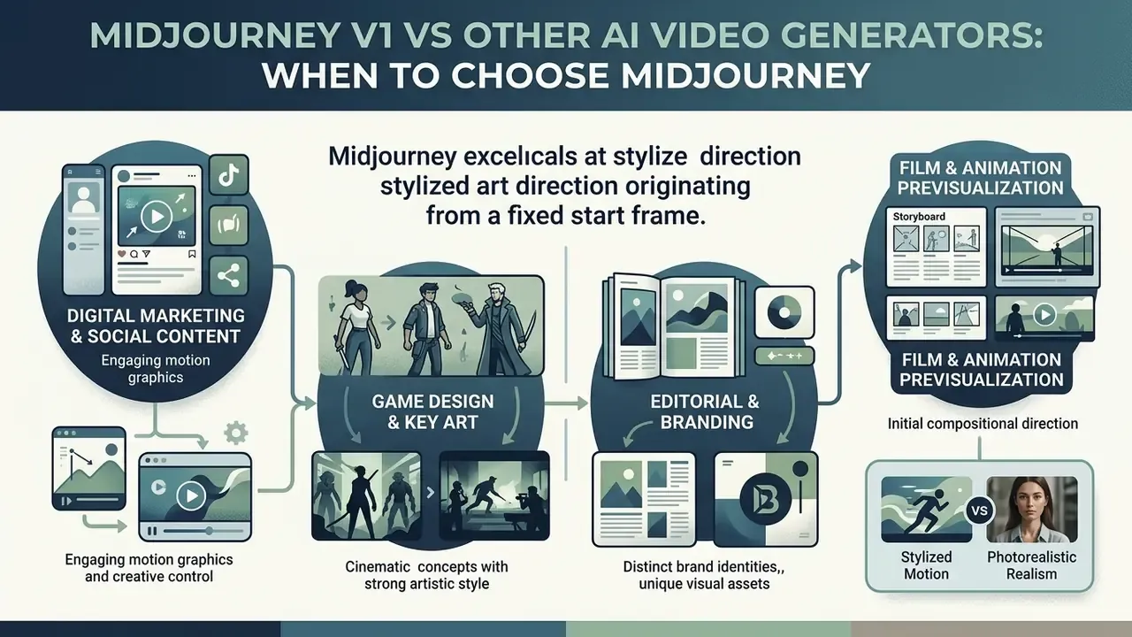 Comparison of use cases for stylized AI video generation in marketing, game design, and film production