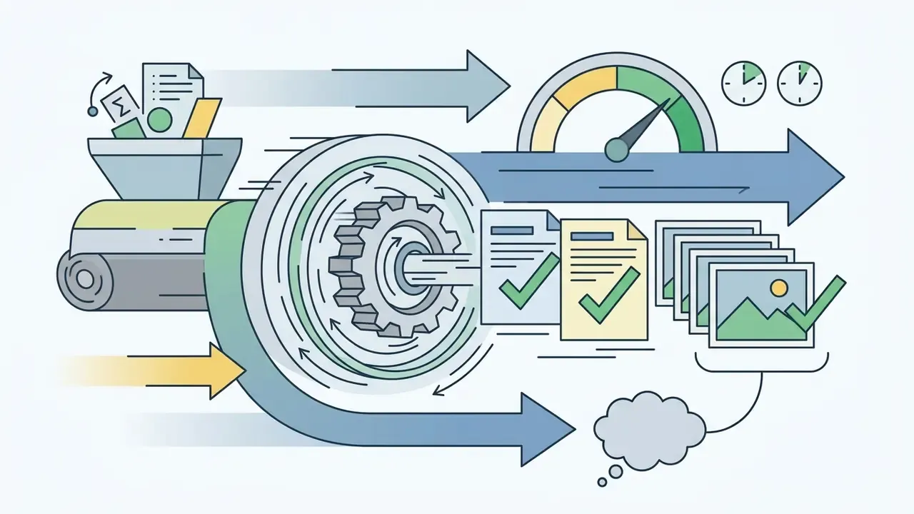 Mechanical gear system processing documents into verified image outputs with a speed indicator