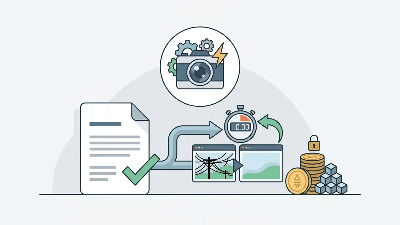 Camera icon with gears and lightning bolt showing a document being processed into a cleaned photo