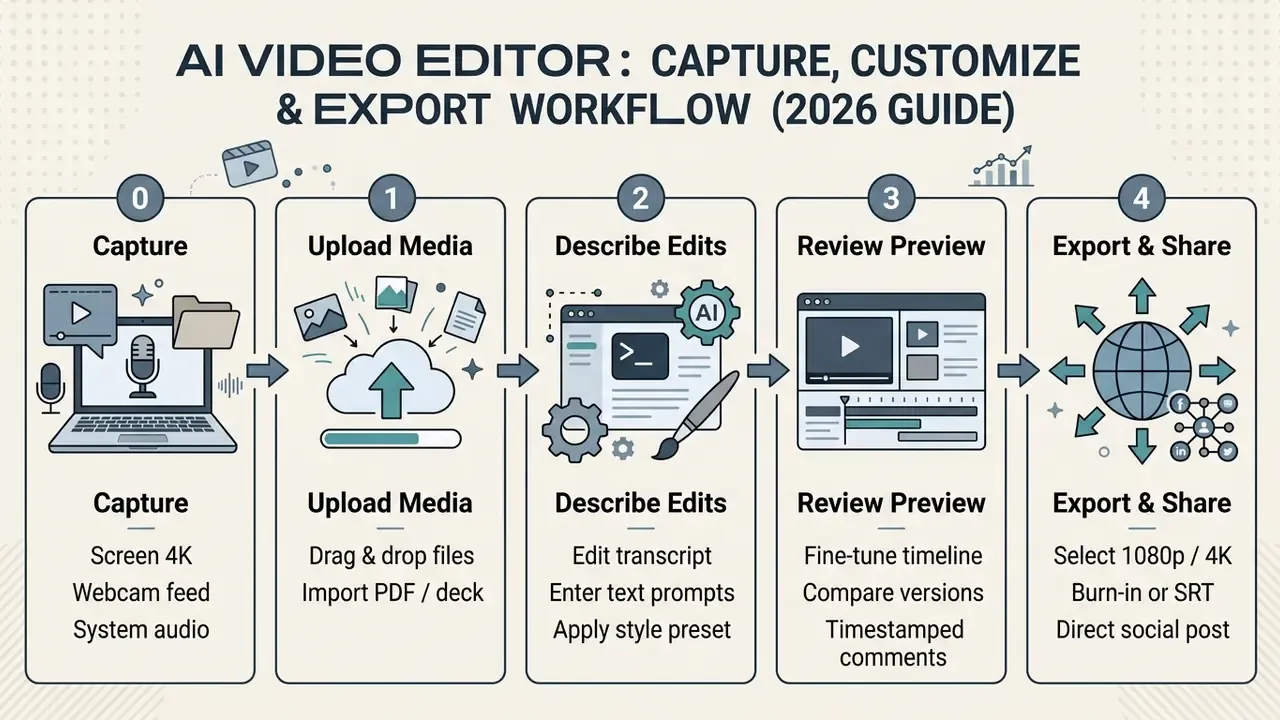 Five sequential steps detailing a media production process from initial capture to final social sharing