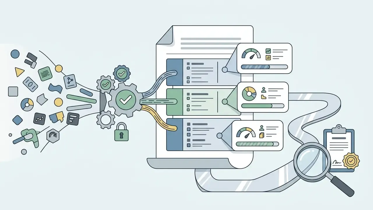 Data points flowing through a gear mechanism into a document for analysis with a magnifying glass