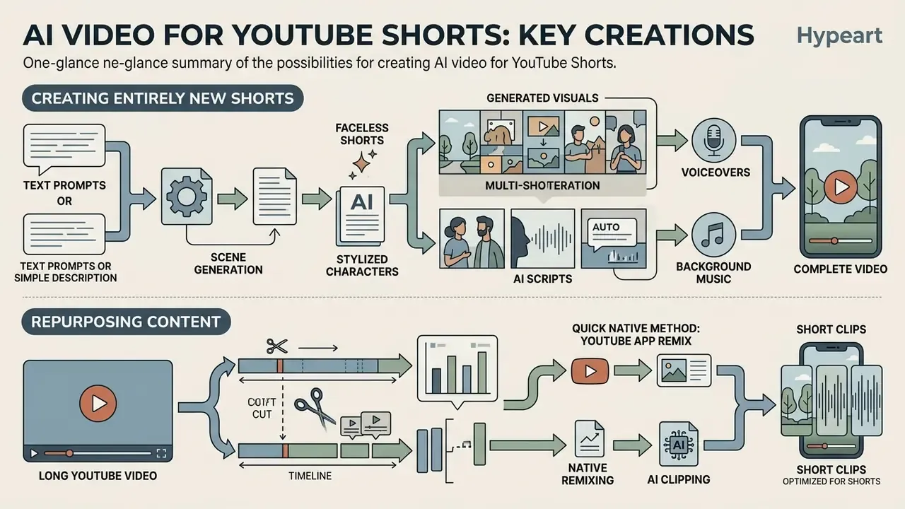 Infographic showing how AI video for YouTube Shorts creates new content or repurposes existing videos