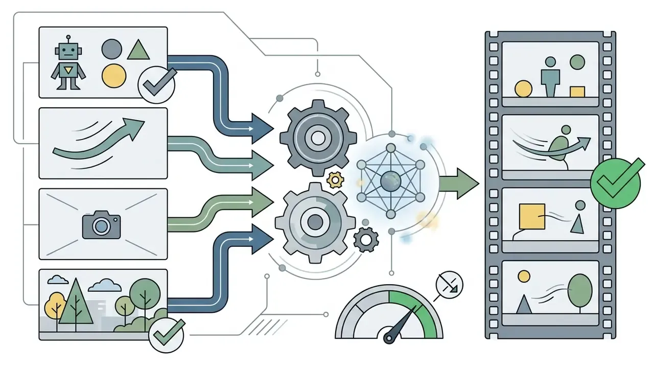 Input boxes for subject, motion, camera, and environment feeding into gears to create a film strip