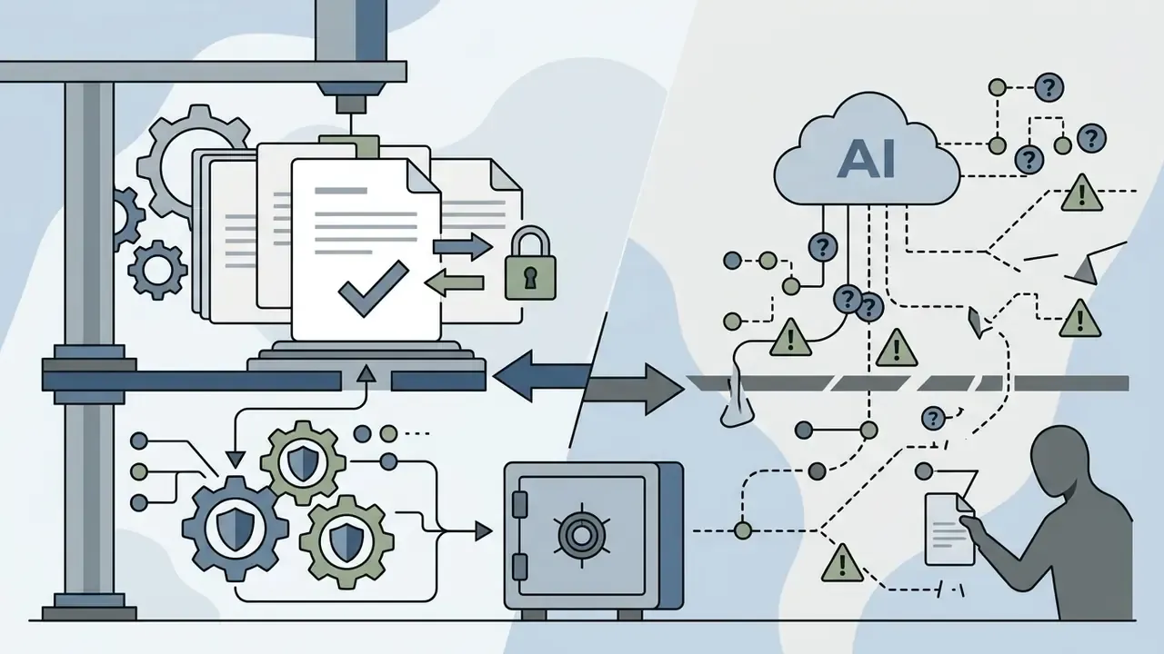 Mechanical gears processing documents into a vault while an AI cloud connects to scattered risk icons