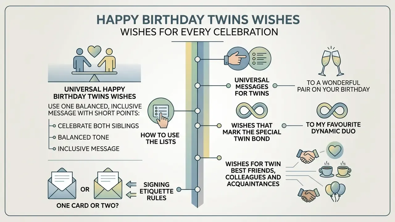 Infographic outlining tips and examples for writing balanced and inclusive happy birthday twins wishes