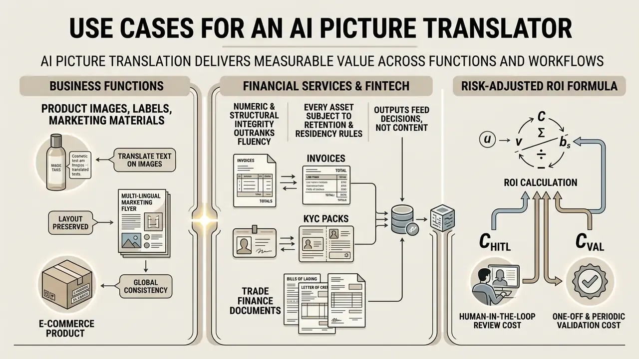 Diagram showing business applications, financial document processing, and a risk-adjusted ROI formula