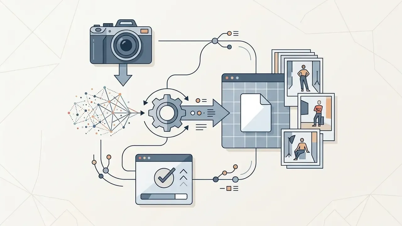 Camera and data network feeding into gears that process a document into a set of posed model photographs