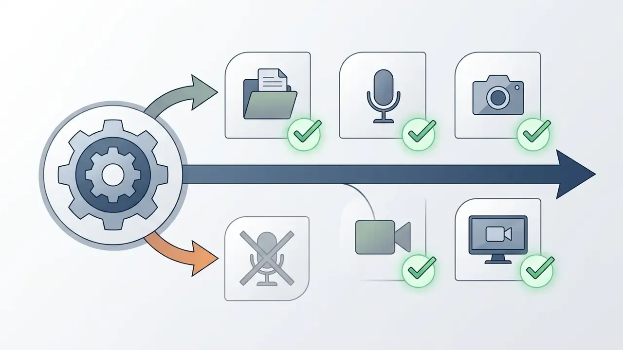 Gear icon connecting to icons for files, microphone, camera, and screen recording with green checkmarks