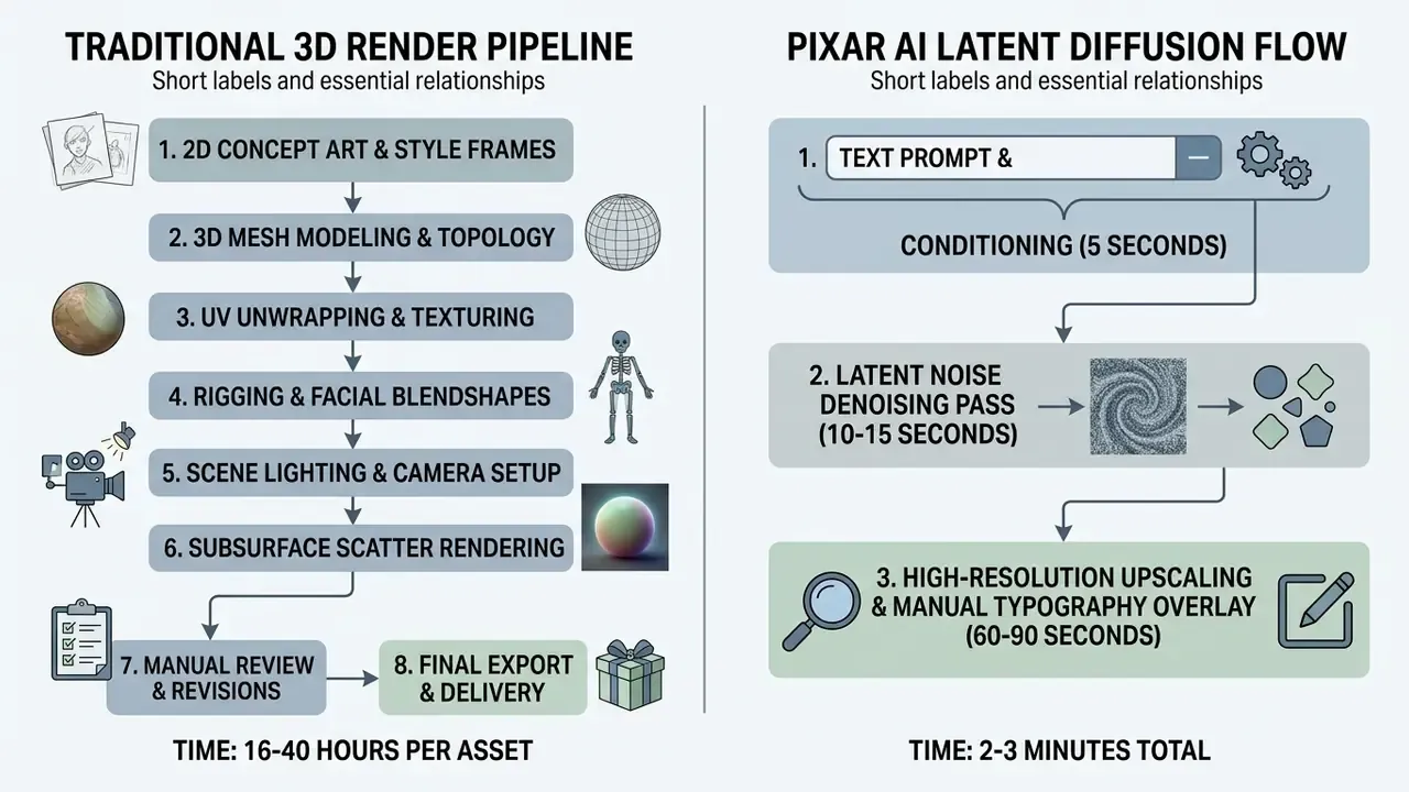 Comparison flowchart contrasting a traditional 3D animation workflow with a rapid latent diffusion process