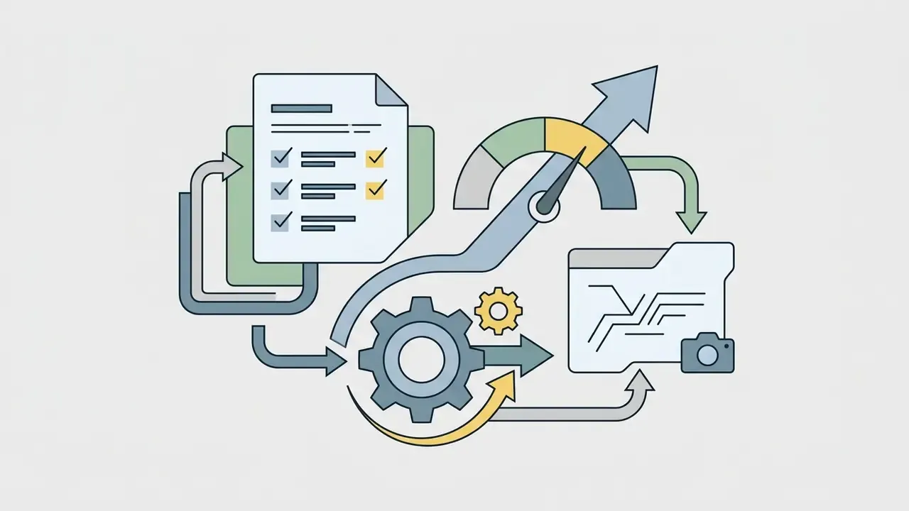 Checklist document feeding into a gear mechanism that outputs data to a folder with evidence and status gauges