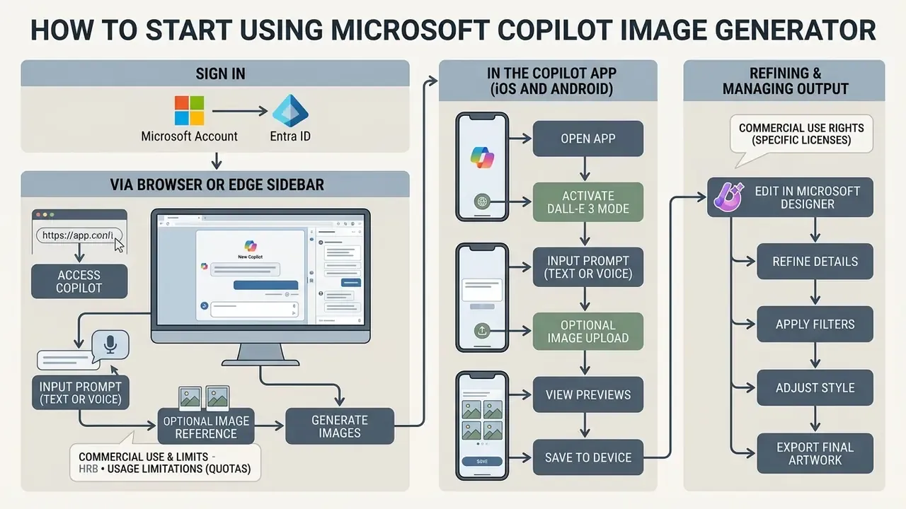 Flowchart detailing steps to sign in, generate images in browsers or apps, and refine output in Copilot
