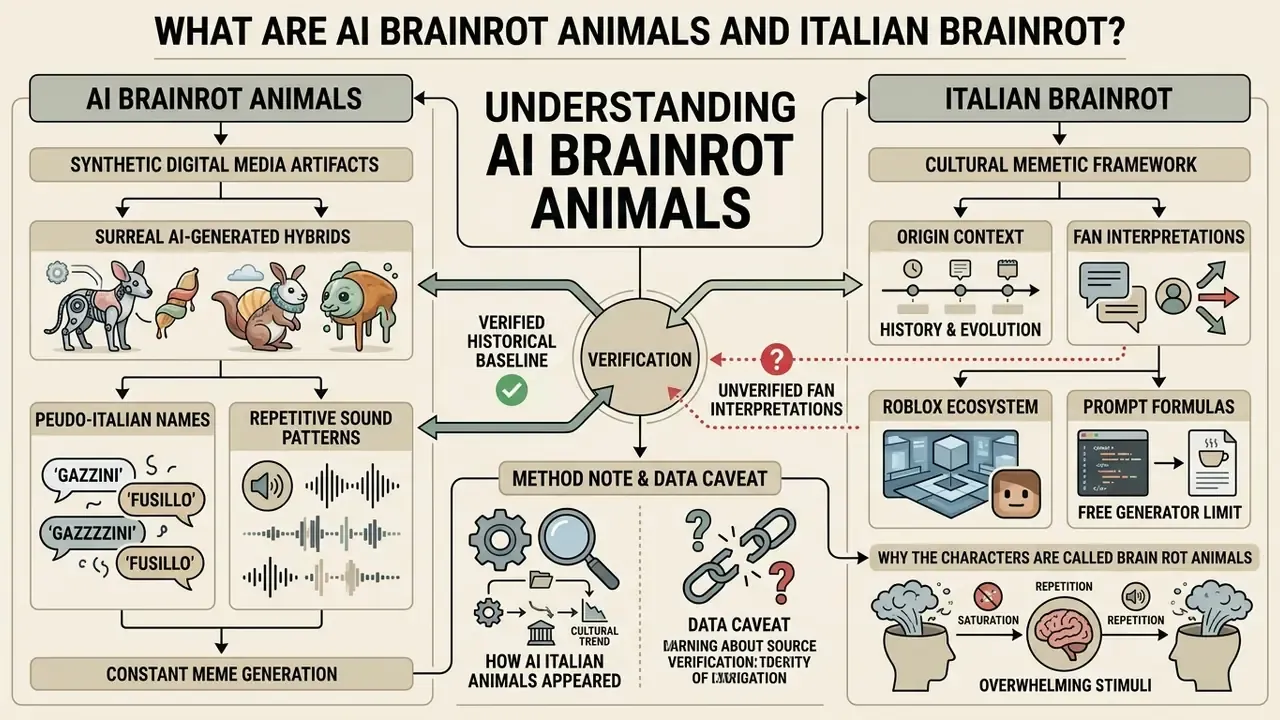 Infographic flowchart explaining AI brainrot animals and Italian brainrot through categories and icons