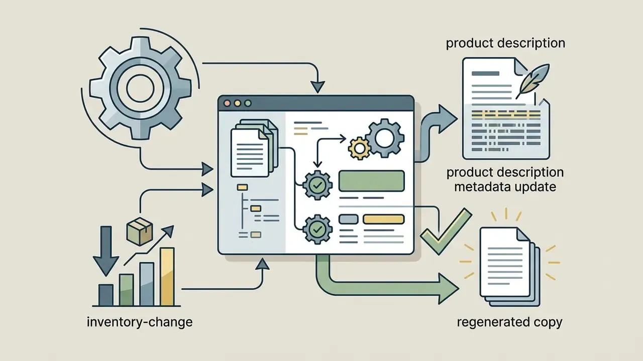 Inventory changes triggering a central processing hub to update product metadata and regenerate copy