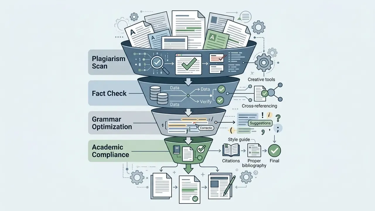 Funnel diagram showing sequential stages for plagiarism scanning, fact checking, grammar, and compliance