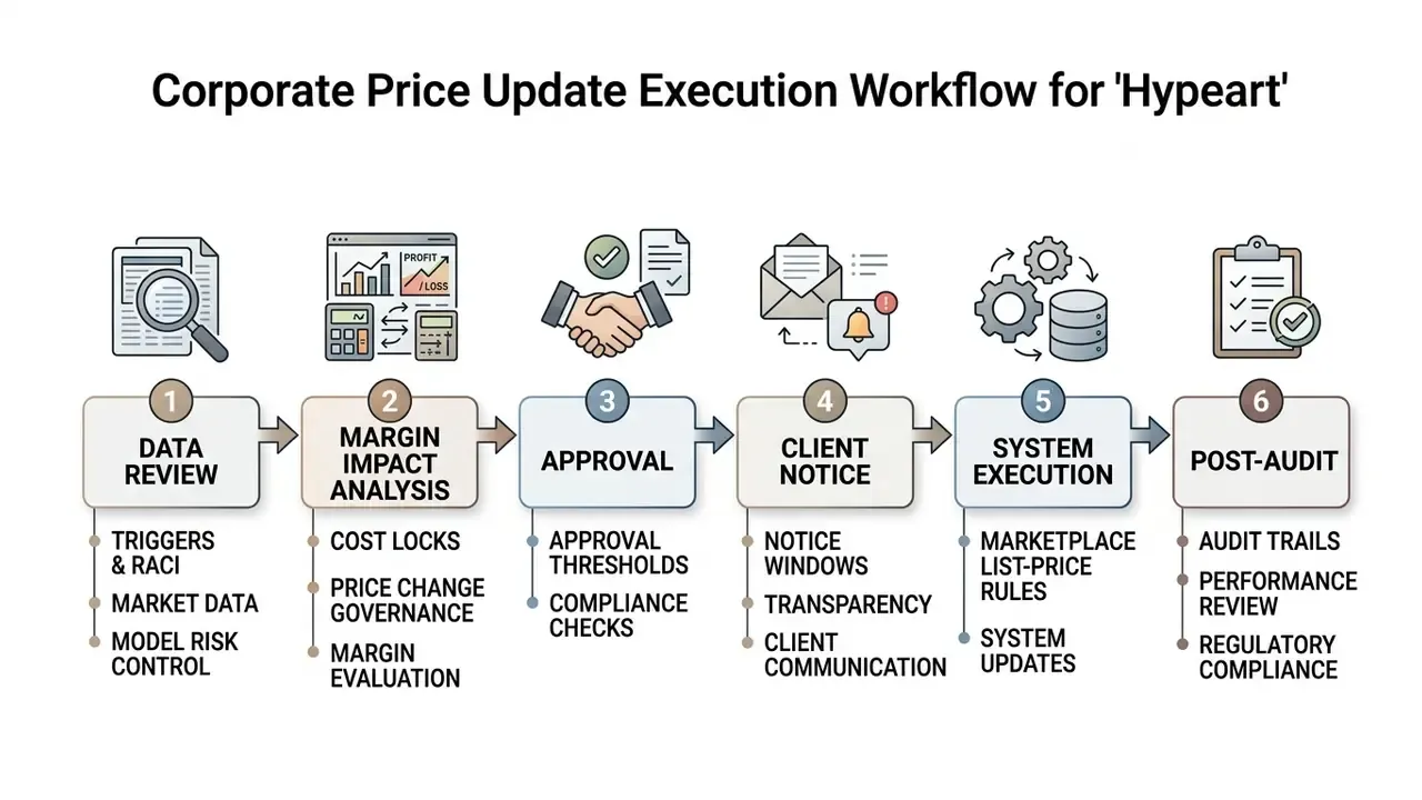 Six sequential steps for price updates featuring data review, margin analysis, approval, and system execution