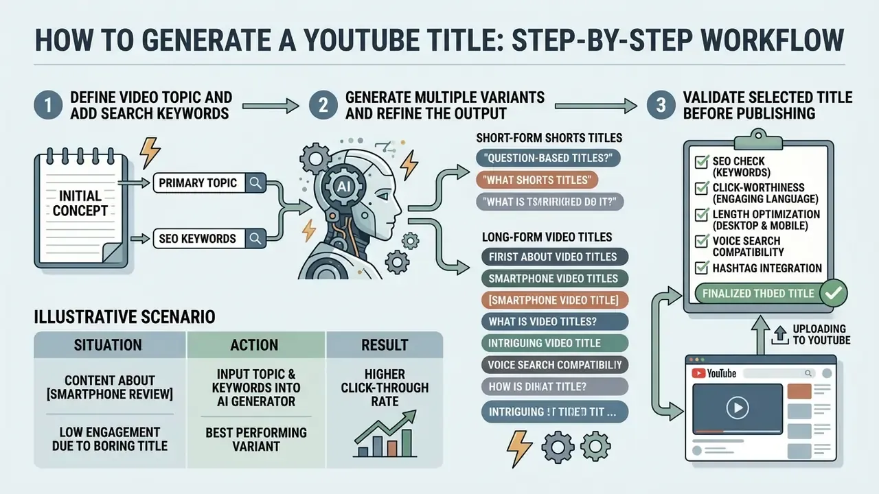 Diagram showing an AI engine creating video title variants from topics and keywords for YouTube