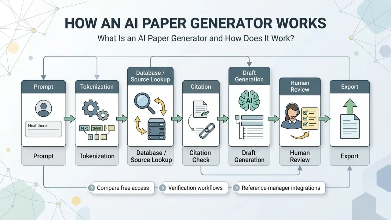 Flowchart showing the sequential stages of an AI paper generator from prompt input to final document export